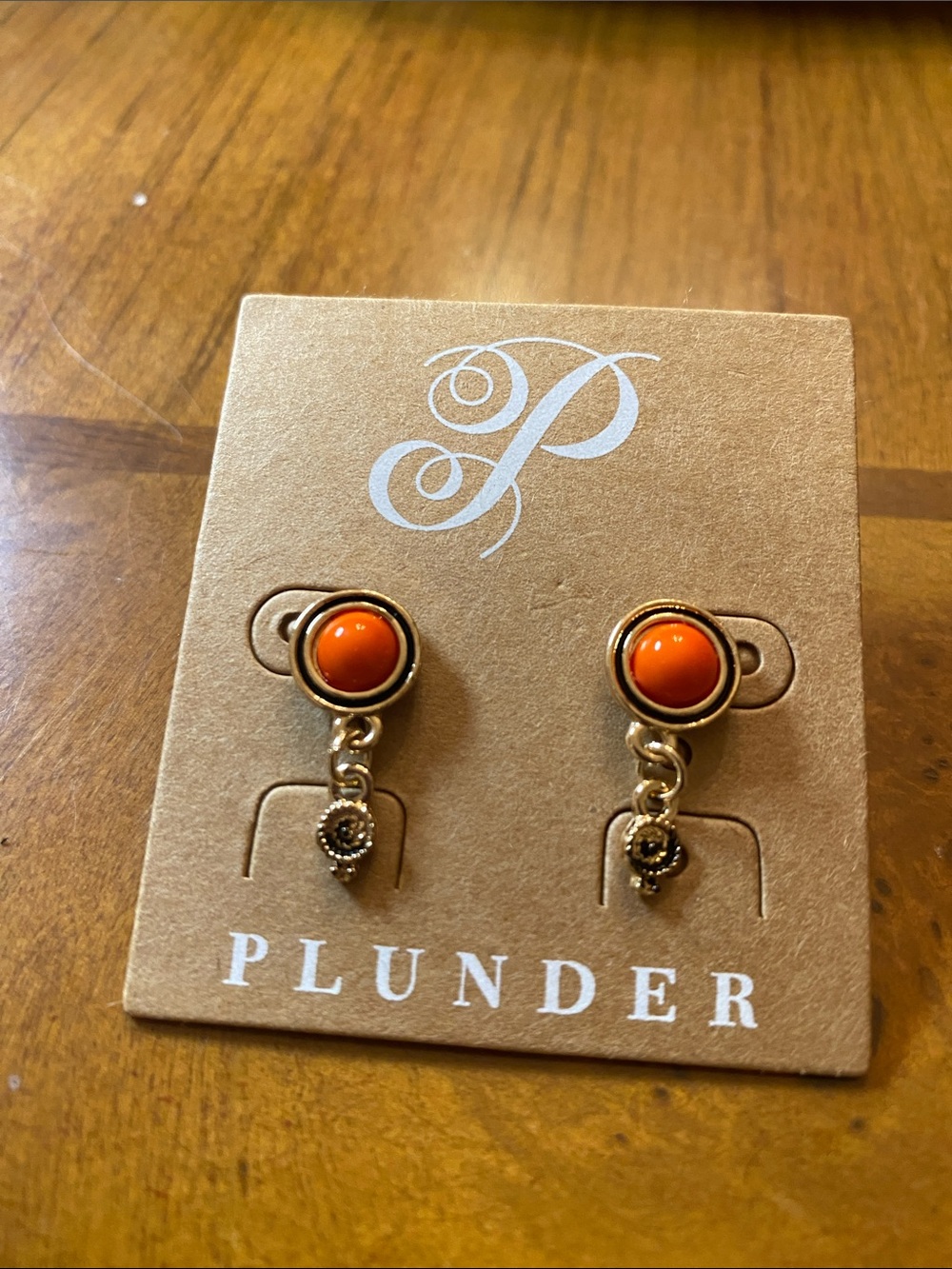 Plunder Gold-Tone Earrings with Bright Orange Cabochons